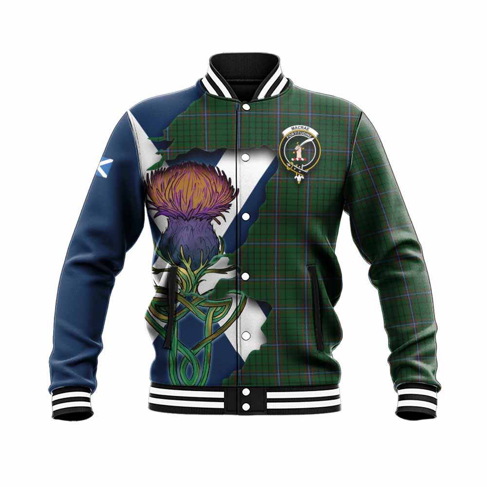 Tartan Vibes Clothing MacRae (McRae) Tartan Family Crest Baseball Jacket Scottish Thistle Celtic Inspired