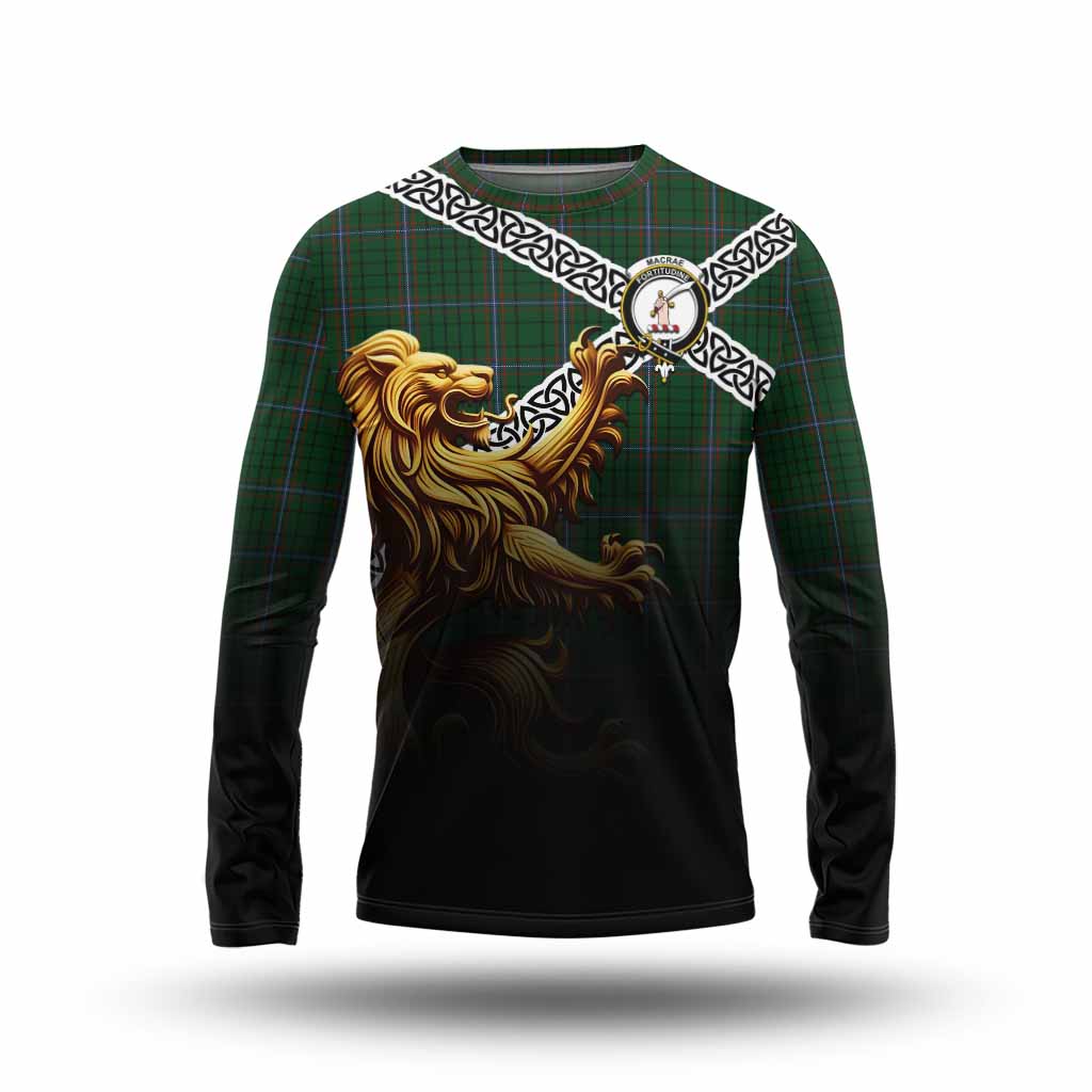 Tartan Vibes Clothing MacRae (McRae) Crest Tartan Long Sleeve T-Shirt with Golden Lion Emblem Celtic Style