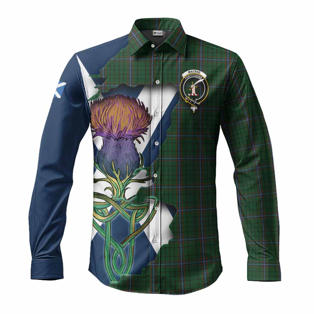 Tartan Vibes Clothing MacRae (McRae) Tartan Family Crest Long Sleeve Button Shirt Scottish Thistle Celtic Inspired