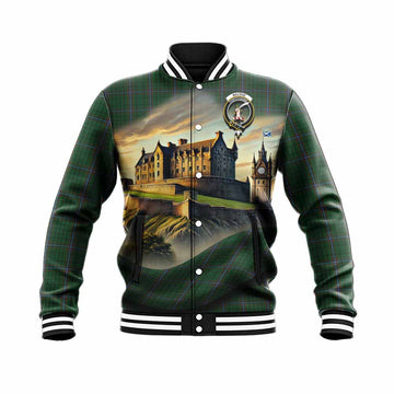 Tartan Vibes Clothing MacRae (McRae) Tartan Family Crest Baseball Jacket with Scottish Ancient Castle Style