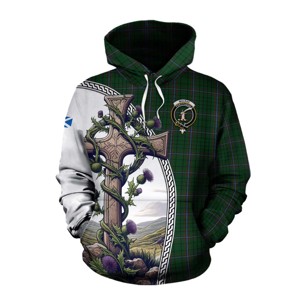 Tartan Vibes Clothing MacRae (McRae) Tartan Cotton Hoodie with Family Crest and St. Andrew's Cross Accented by Thistle Vines