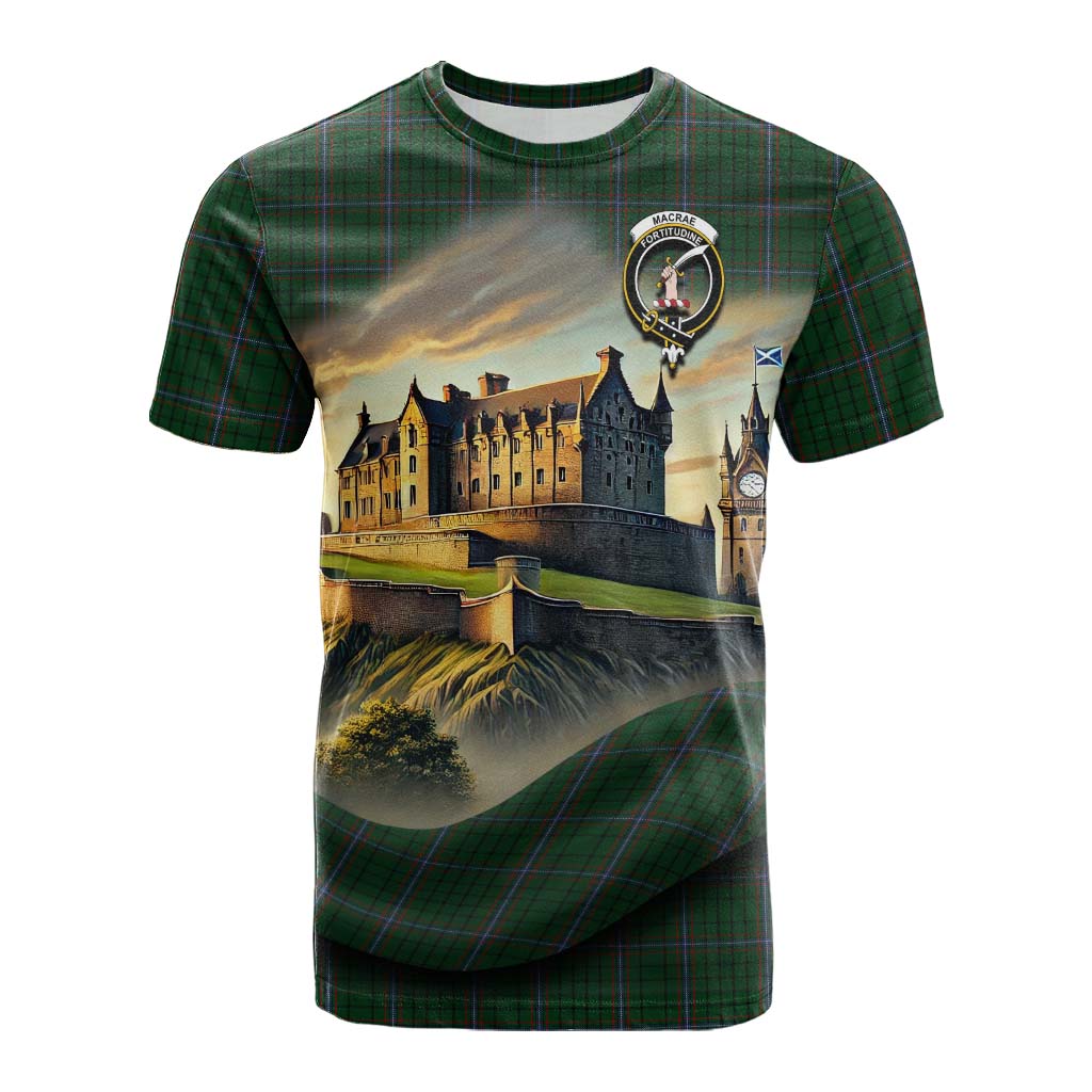 Tartan Vibes Clothing MacRae (McRae) Tartan Family Crest Cotton T-shirt with Scottish Ancient Castle Style