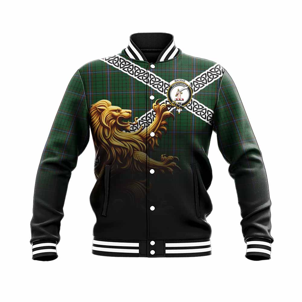Tartan Vibes Clothing MacRae (McRae) Crest Tartan Baseball Jacket with Golden Lion Emblem Celtic Style
