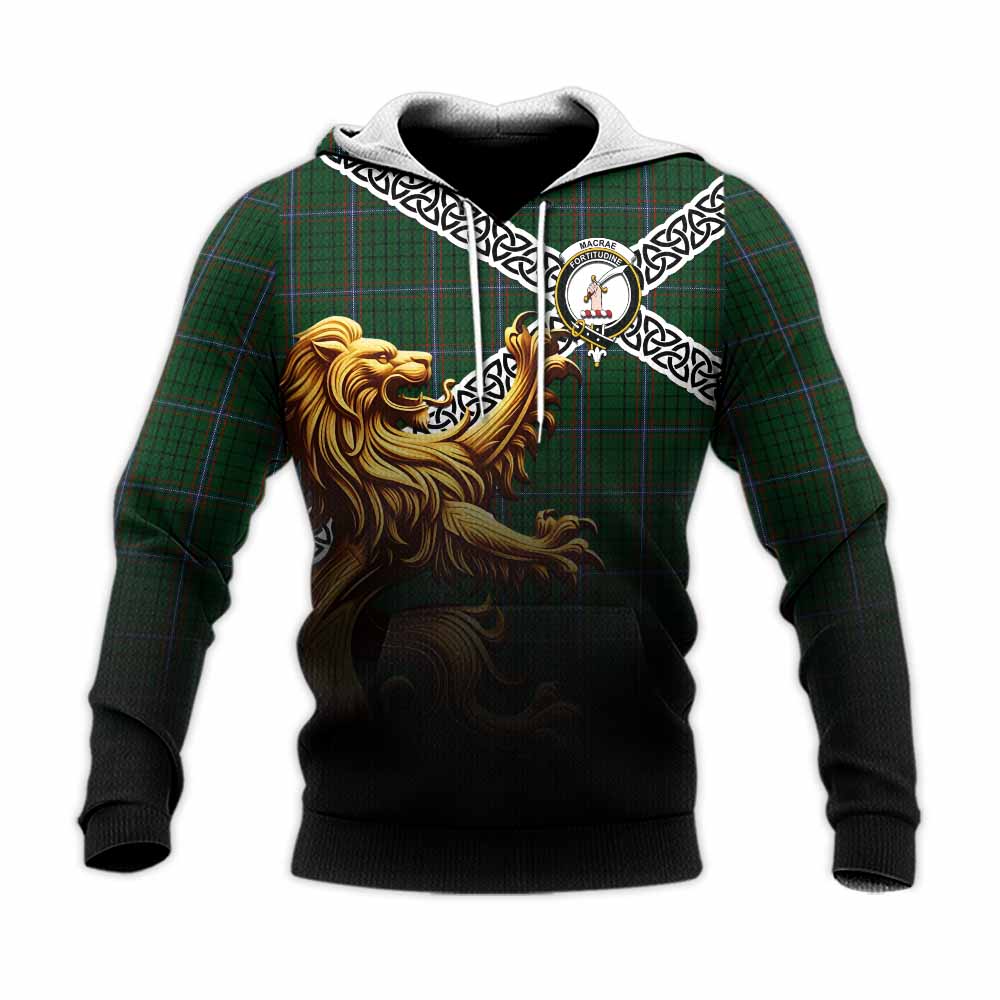 Tartan Vibes Clothing MacRae (McRae) Crest Tartan Knitted Hoodie with Golden Lion Emblem Celtic Style