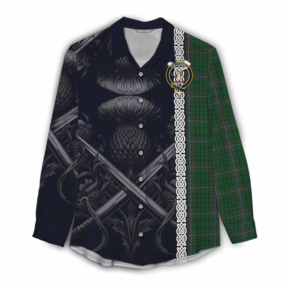 Tartan Vibes Clothing MacRae (McRae) Tartan Women's Casual Shirt with Family Crest Cross Sword Thistle Celtic Vibes