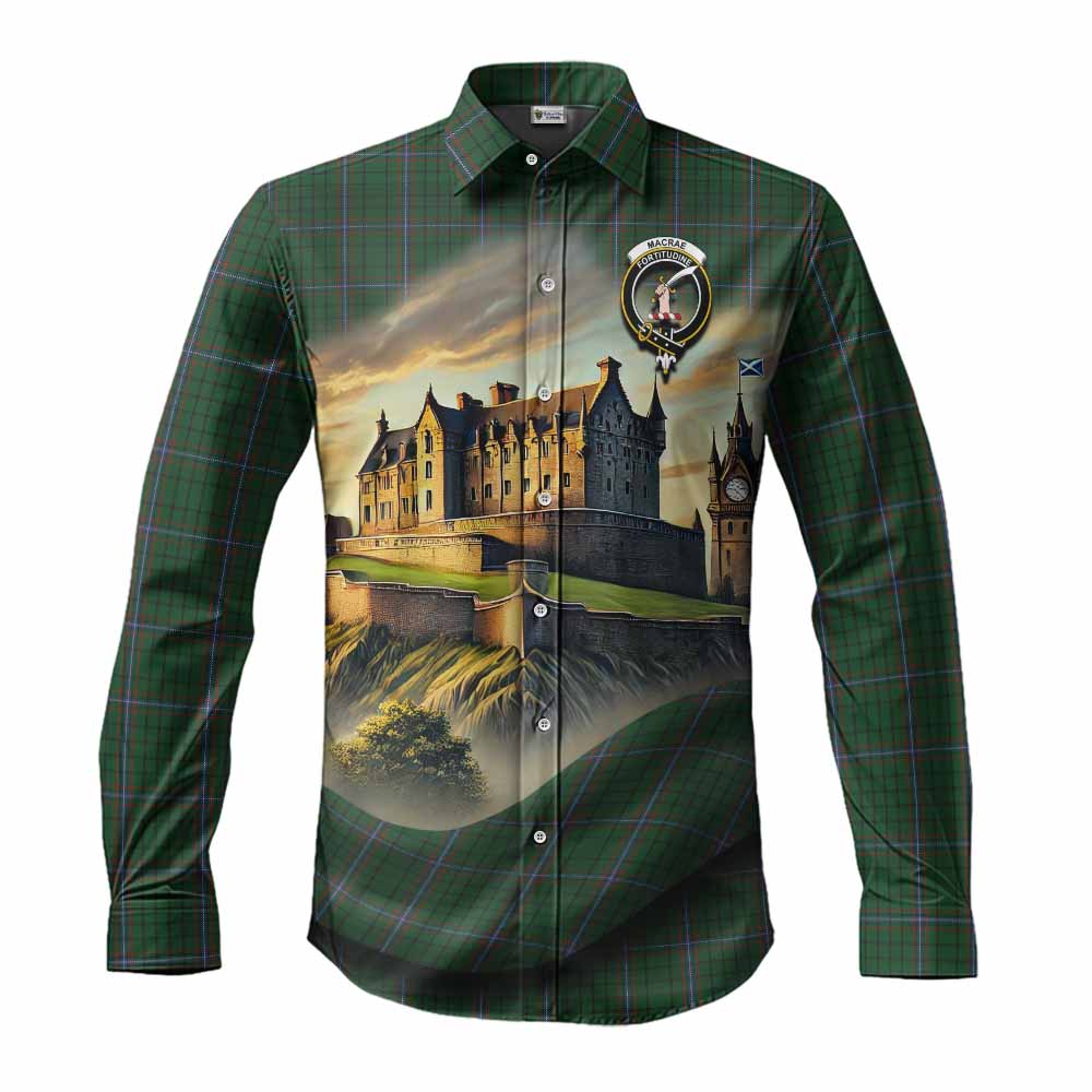Tartan Vibes Clothing MacRae (McRae) Tartan Family Crest Long Sleeve Button Shirt with Scottish Ancient Castle Style
