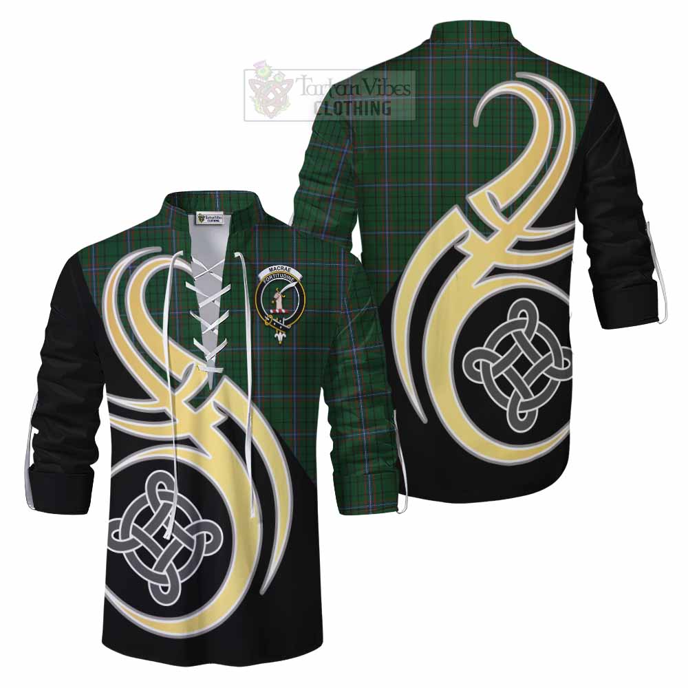 Tartan Vibes Clothing MacRae (McRae) Tartan Ghillie Kilt Shirt with Family Crest and Celtic Symbol Style