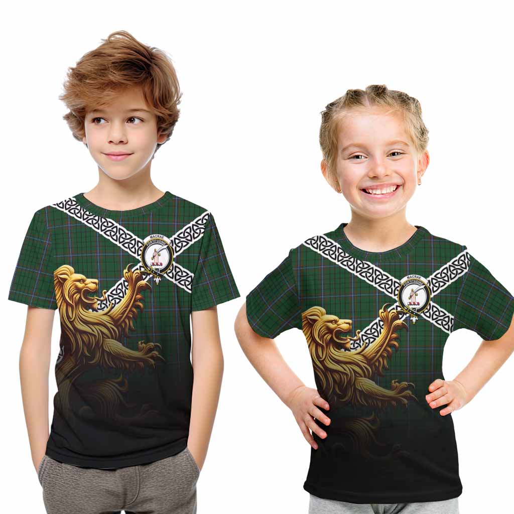Tartan Vibes Clothing MacRae (McRae) Crest Tartan Kid T-Shirt with Golden Lion Emblem Celtic Style