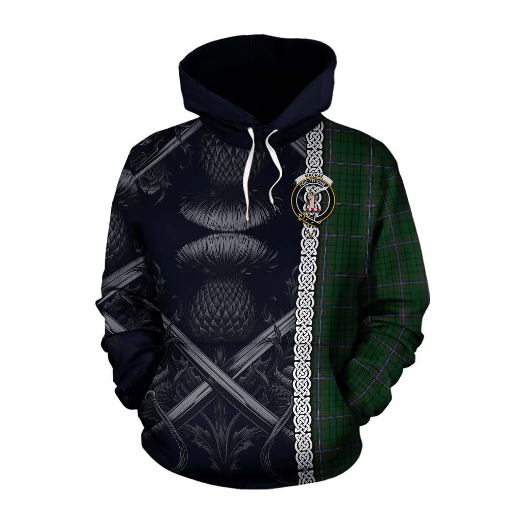 Tartan Vibes Clothing MacRae (McRae) Tartan Cotton Hoodie with Family Crest Cross Sword Thistle Celtic Vibes