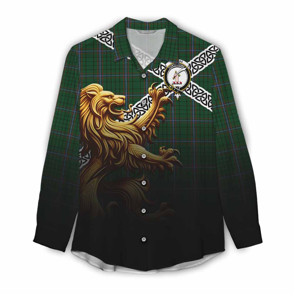 Tartan Vibes Clothing MacRae (McRae) Crest Tartan Women's Casual Shirt with Golden Lion Emblem Celtic Style