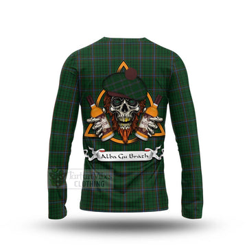 MacRae (McRae) Tartan Long Sleeve T-Shirt with Family Crest and Bearded Skull Holding Bottles of Whiskey