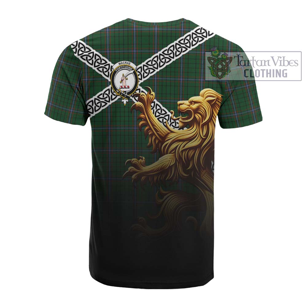 Tartan Vibes Clothing MacRae (McRae) Crest Tartan Cotton T-shirt with Golden Lion Emblem Celtic Style