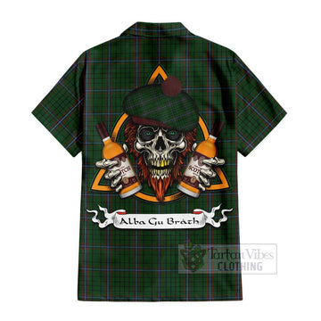 MacRae (McRae) Tartan Hawaiian Shirt with Family Crest and Bearded Skull Holding Bottles of Whiskey