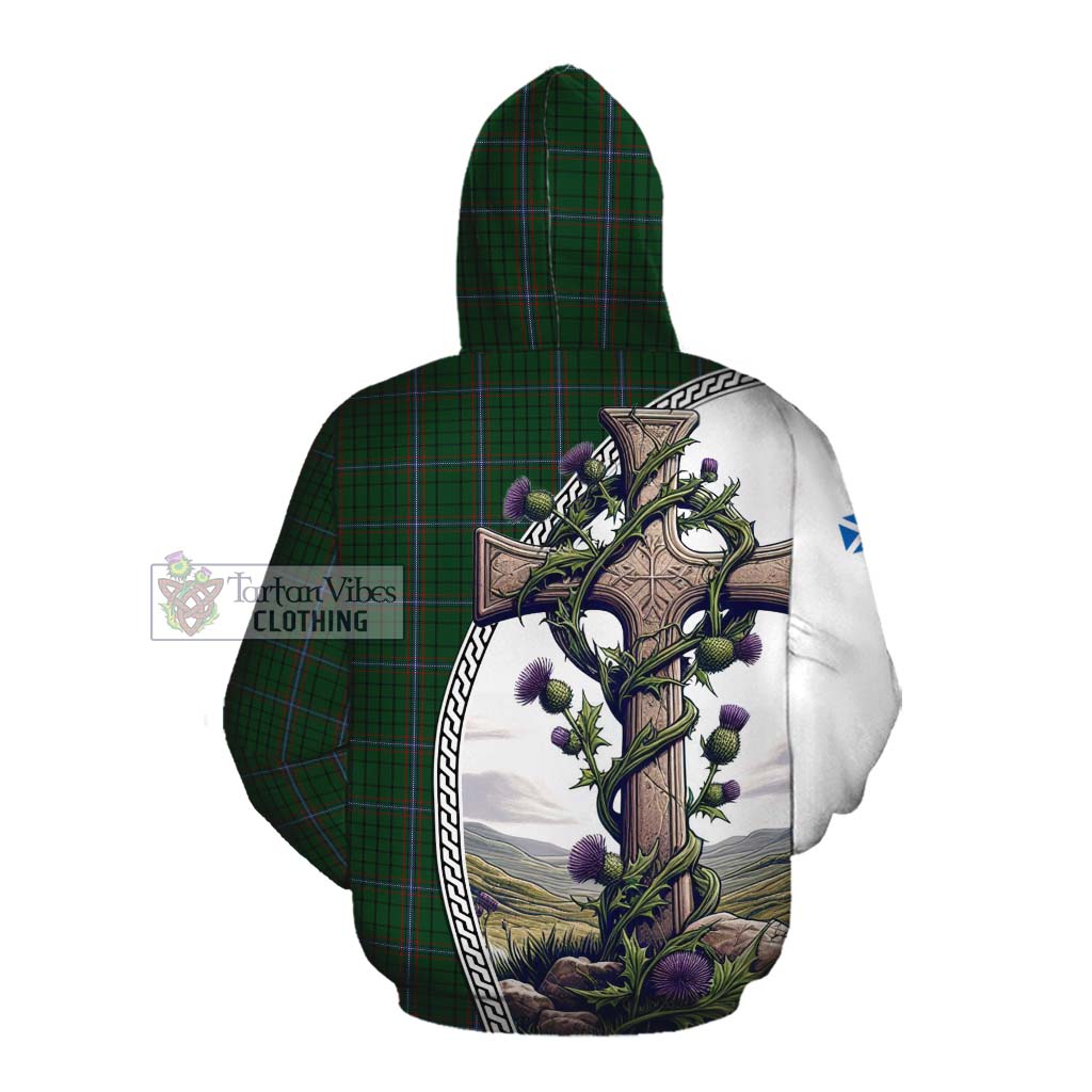 Tartan Vibes Clothing MacRae (McRae) Tartan Cotton Hoodie with Family Crest and St. Andrew's Cross Accented by Thistle Vines