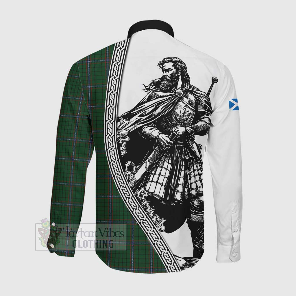 Tartan Vibes Clothing MacRae (McRae) Tartan Clan Crest Long Sleeve Button Shirt with Highlander Warrior Celtic Style