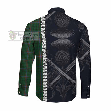 MacRae (McRae) Tartan Long Sleeve Button Shirt with Family Crest Cross Sword Thistle Celtic Vibes