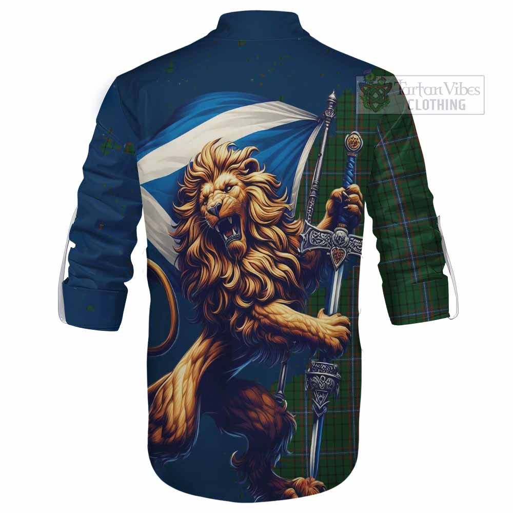 Tartan Vibes Clothing MacRae (McRae) Tartan Family Crest Ghillie Kilt Shirt with Scottish Majestic Lion