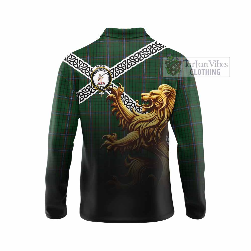 Tartan Vibes Clothing MacRae (McRae) Crest Tartan Long Sleeve Polo Shirt with Golden Lion Emblem Celtic Style