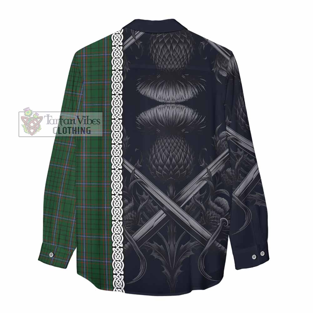 Tartan Vibes Clothing MacRae (McRae) Tartan Women's Casual Shirt with Family Crest Cross Sword Thistle Celtic Vibes