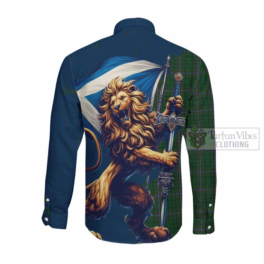 Tartan Vibes Clothing MacRae (McRae) Tartan Family Crest Long Sleeve Button Shirt with Scottish Majestic Lion