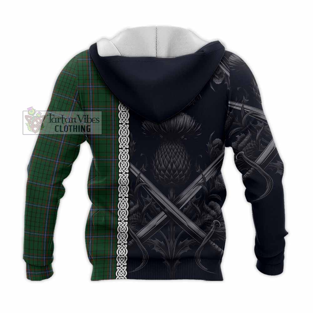 Tartan Vibes Clothing MacRae (McRae) Tartan Knitted Hoodie with Family Crest Cross Sword Thistle Celtic Vibes