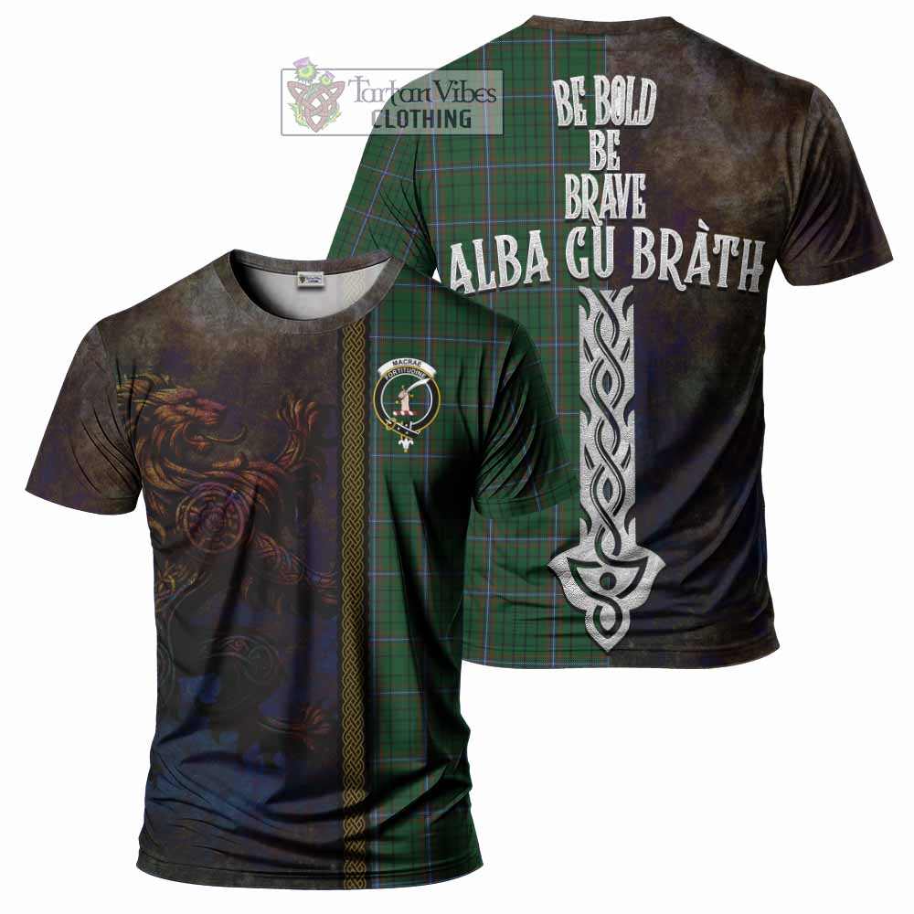 Tartan Vibes Clothing MacRae (McRae) Tartan Family Crest T-Shirt Alba Gu Brath Be Brave Lion Ancient Style