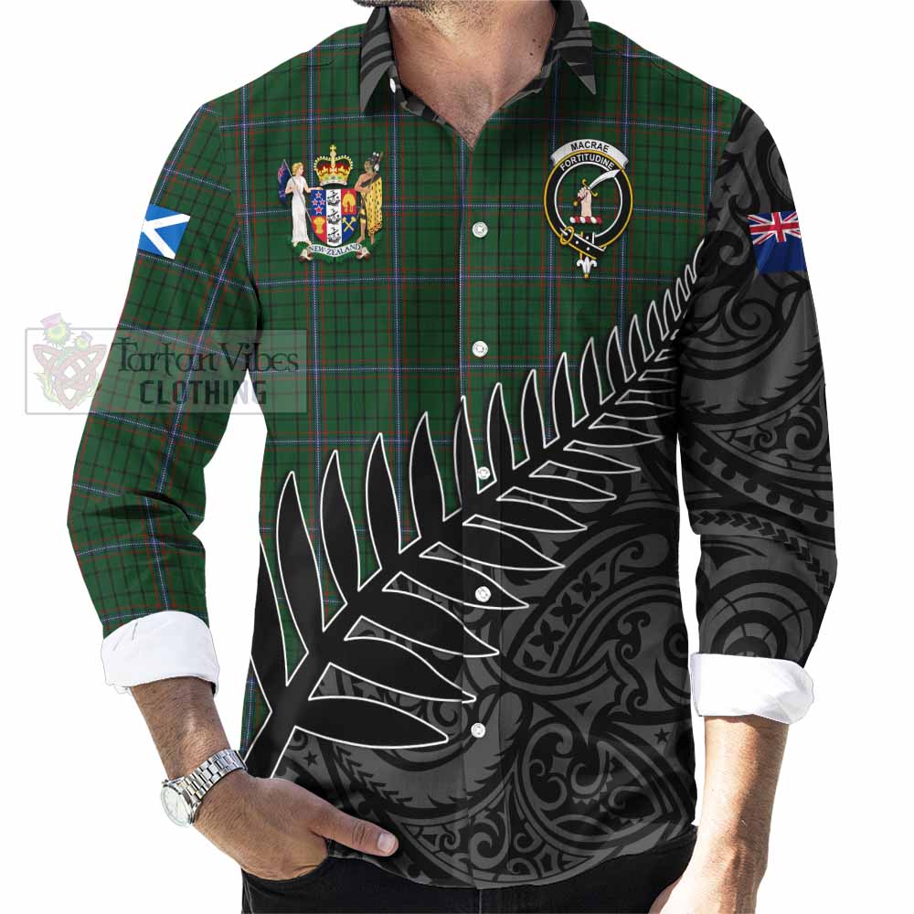 Tartan Vibes Clothing MacRae (McRae) Crest Tartan Long Sleeve Button Shirt with New Zealand Silver Fern Half Style