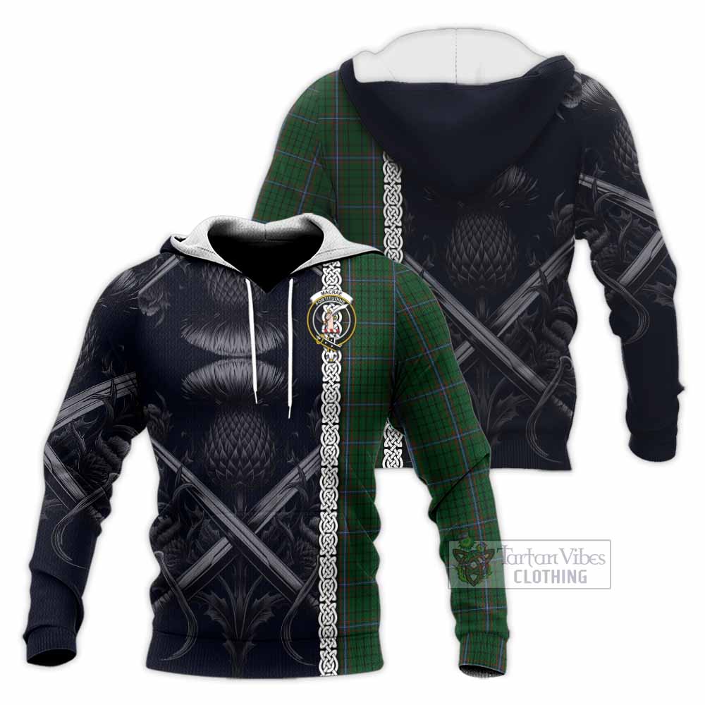 Tartan Vibes Clothing MacRae (McRae) Tartan Knitted Hoodie with Family Crest Cross Sword Thistle Celtic Vibes