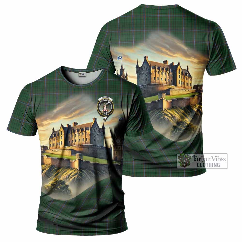 Tartan Vibes Clothing MacRae (McRae) Tartan Family Crest T-Shirt with Scottish Ancient Castle Stype