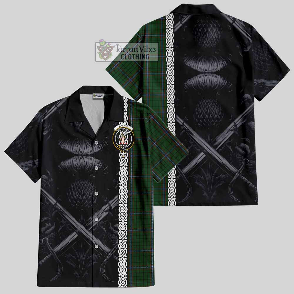Tartan Vibes Clothing MacRae (McRae) Tartan Short Sleeve Button Shirt with Family Crest Cross Sword Thistle Celtic Vibes