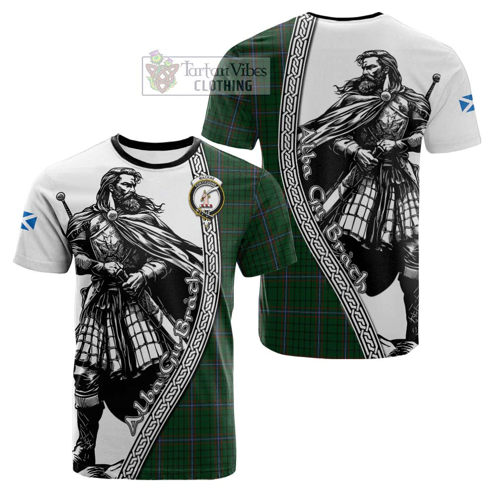 MacRae (McRae) Tartan Clan Crest Cotton T-shirt with Highlander Warrior Celtic Style