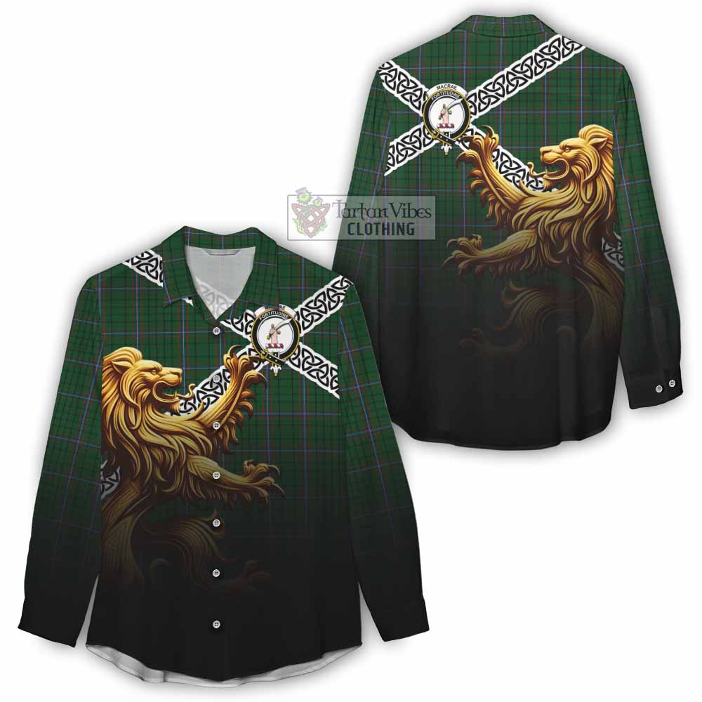 Tartan Vibes Clothing MacRae (McRae) Crest Tartan Women's Casual Shirt with Golden Lion Emblem Celtic Style