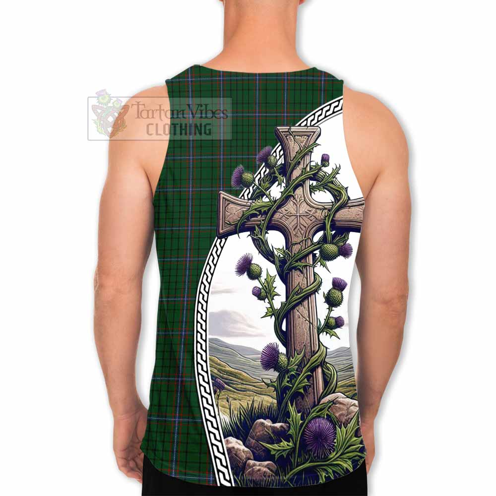 Tartan Vibes Clothing MacRae (McRae) Tartan Men's Tank Top with Family Crest and St. Andrew's Cross Accented by Thistle Vines