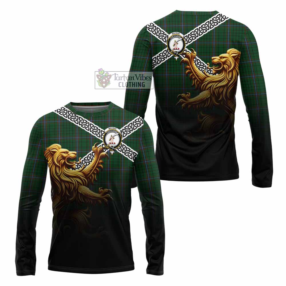 Tartan Vibes Clothing MacRae (McRae) Crest Tartan Long Sleeve T-Shirt with Golden Lion Emblem Celtic Style
