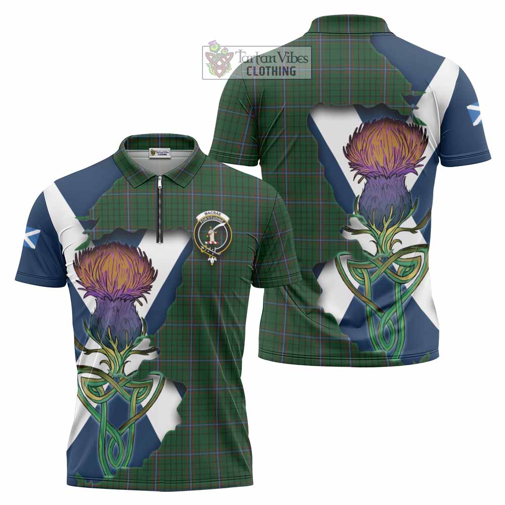 Tartan Vibes Clothing MacRae (McRae) Tartan Family Crest Zipper Polo Shirt Scottish Thistle Celtic Inspired