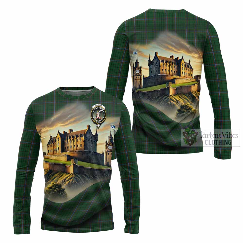 Tartan Vibes Clothing MacRae (McRae) Tartan Family Crest Long Sleeve T-Shirt with Scottish Ancient Castle Style