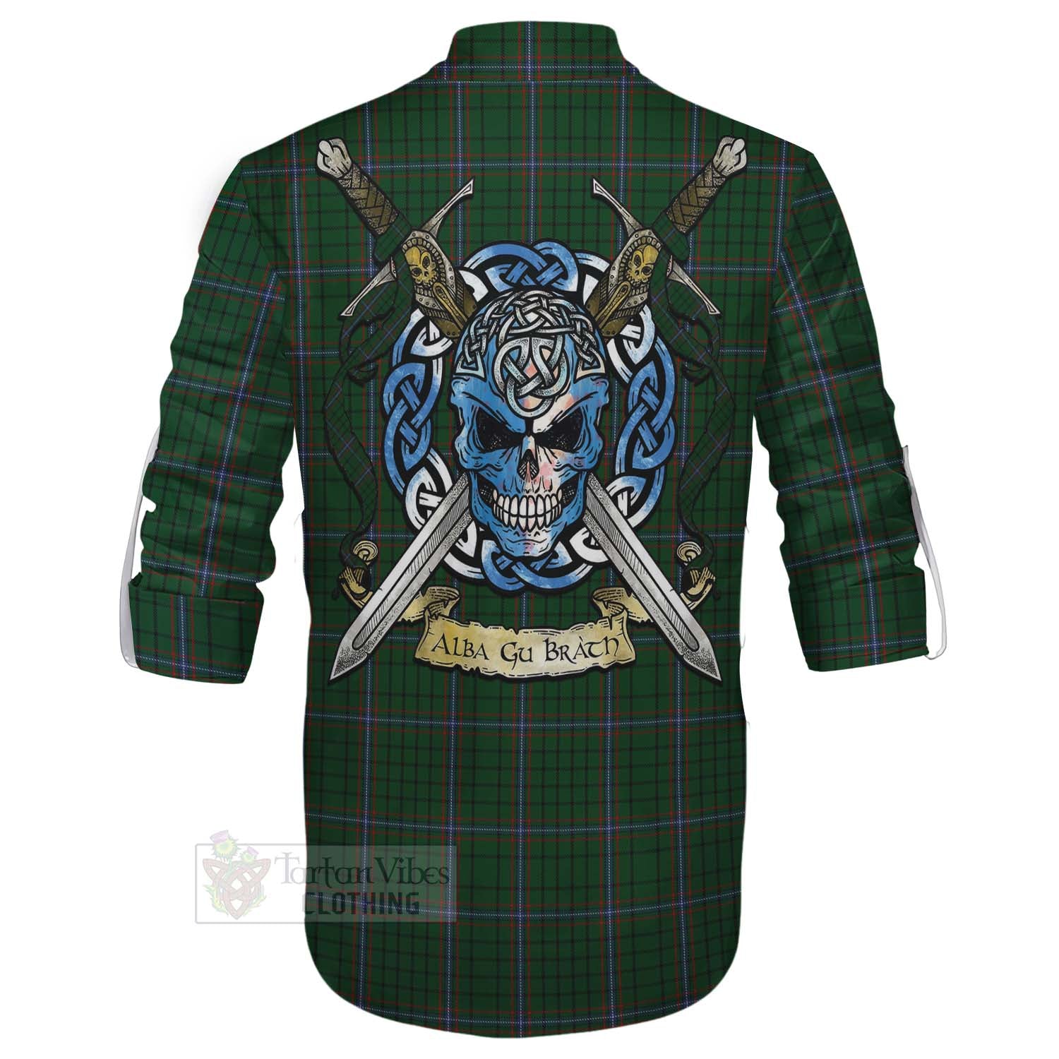 Tartan Vibes Clothing MacRae (McRae) Tartan Ghillie Kilt Shirt with Family Crest Celtic Skull Style