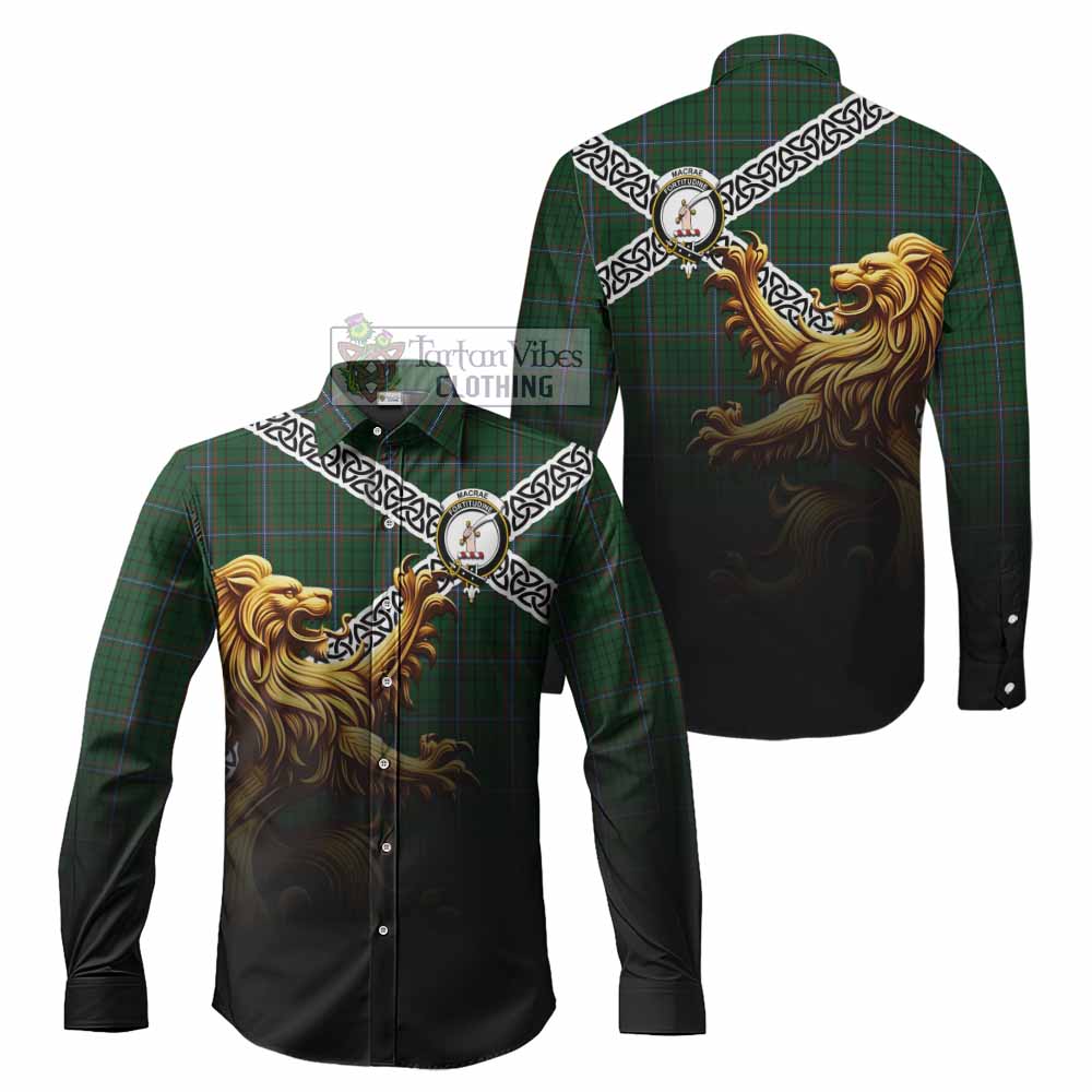 Tartan Vibes Clothing MacRae (McRae) Crest Tartan Long Sleeve Button Shirt with Golden Lion Emblem Celtic Style