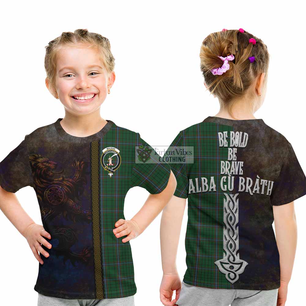 Tartan Vibes Clothing MacRae (McRae) Tartan Family Crest Kid T-Shirt Alba Gu Brath Be Brave Lion Ancient Style