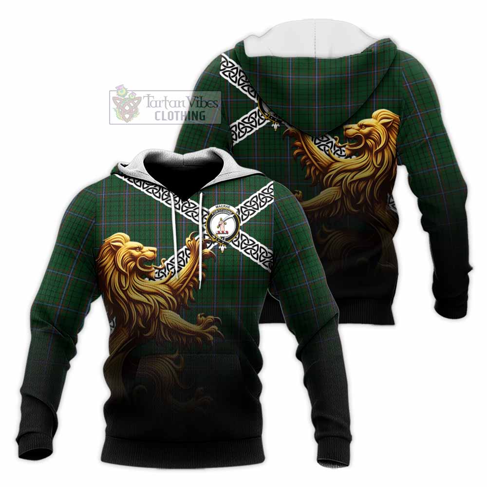 Tartan Vibes Clothing MacRae (McRae) Crest Tartan Knitted Hoodie with Golden Lion Emblem Celtic Style