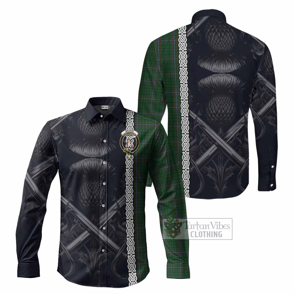 Tartan Vibes Clothing MacRae (McRae) Tartan Long Sleeve Button Shirt with Family Crest Cross Sword Thistle Celtic Vibes