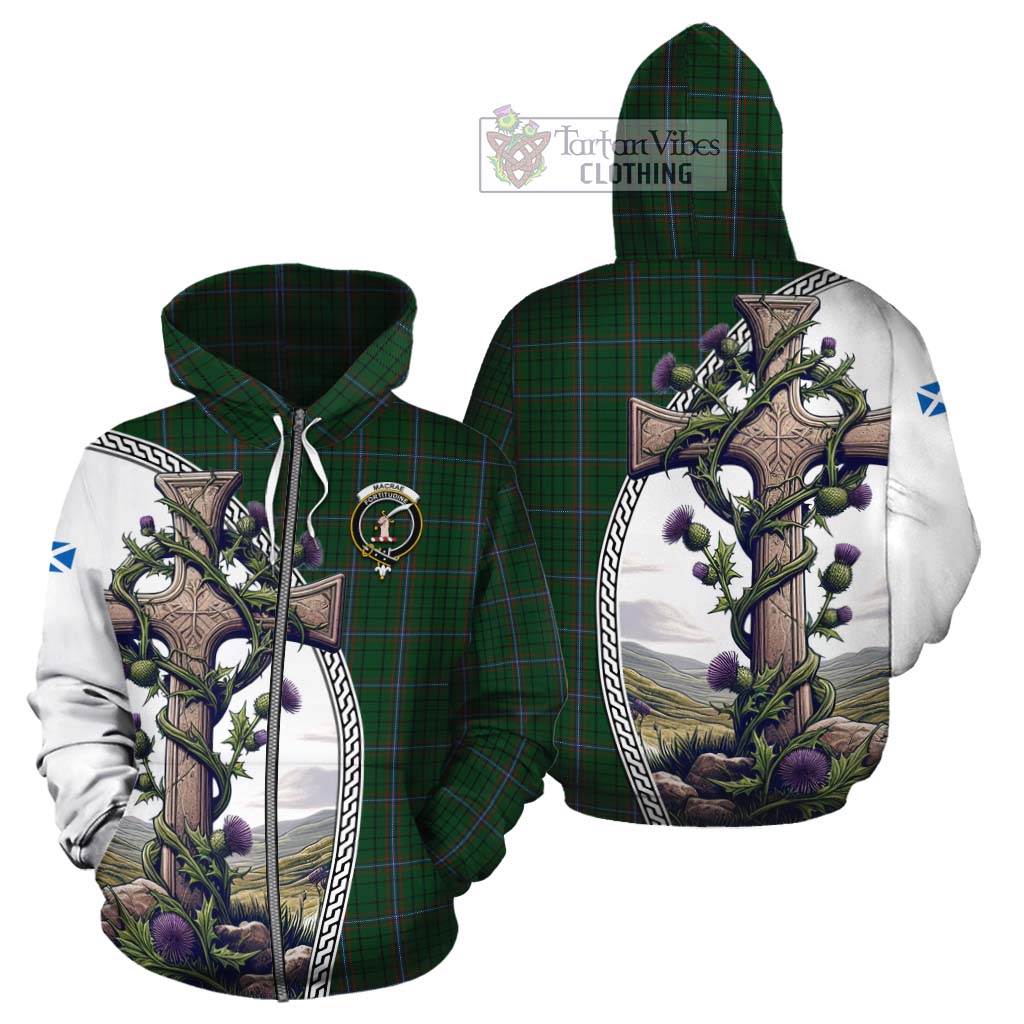 Tartan Vibes Clothing MacRae (McRae) Tartan Cotton Hoodie with Family Crest and St. Andrew's Cross Accented by Thistle Vines
