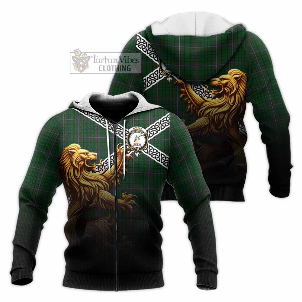 Tartan Vibes Clothing MacRae (McRae) Crest Tartan Knitted Hoodie with Golden Lion Emblem Celtic Style