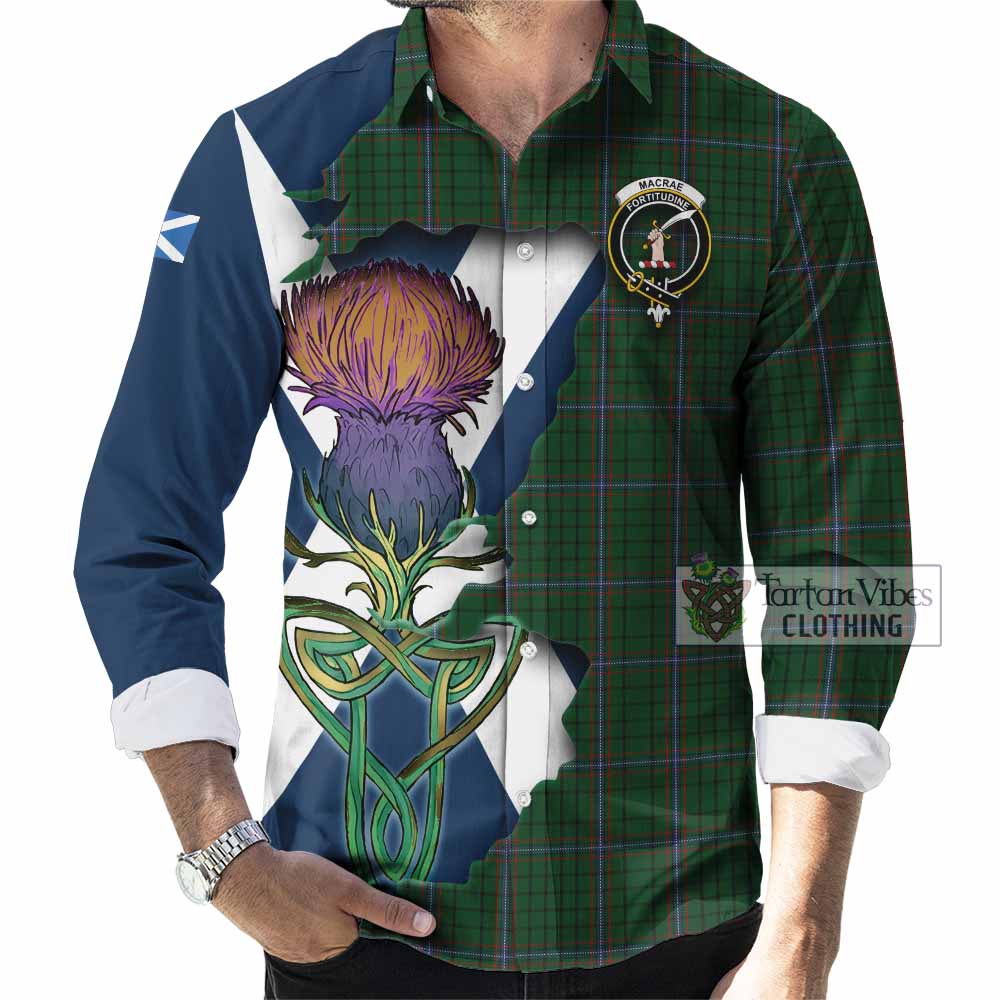 Tartan Vibes Clothing MacRae (McRae) Tartan Family Crest Long Sleeve Button Shirt Scottish Thistle Celtic Inspired