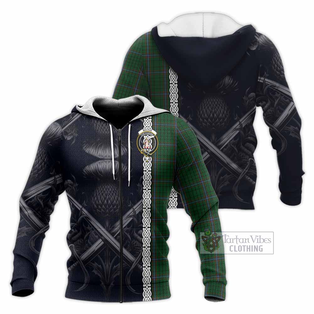 Tartan Vibes Clothing MacRae (McRae) Tartan Knitted Hoodie with Family Crest Cross Sword Thistle Celtic Vibes