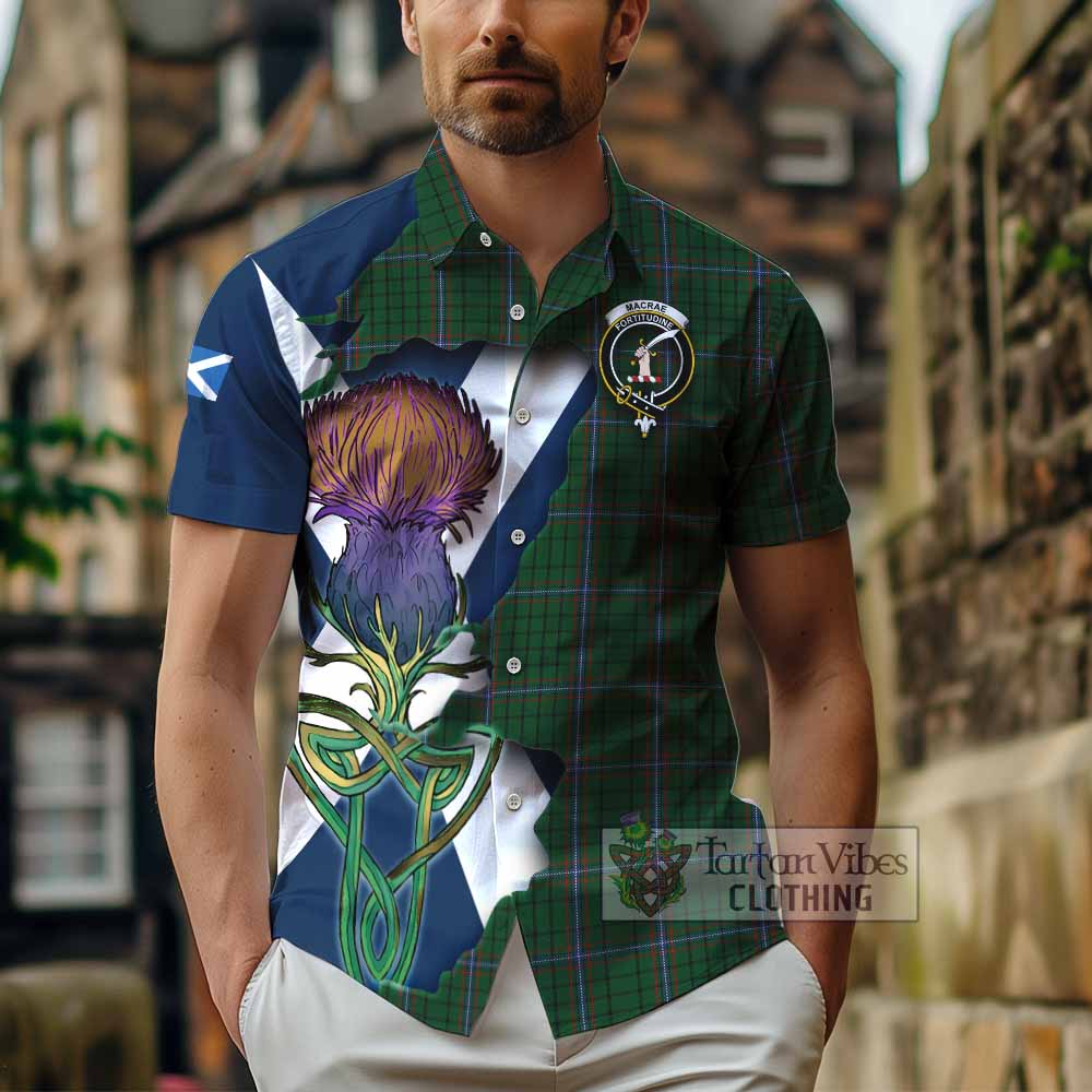 Tartan Vibes Clothing MacRae (McRae) Tartan Family Crest Short Sleeve Button Shirt Scottish Thistle Celtic Inspired