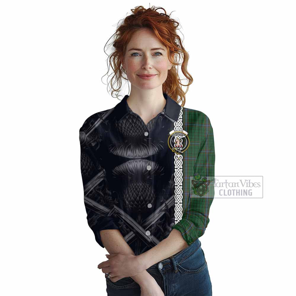 Tartan Vibes Clothing MacRae (McRae) Tartan Women's Casual Shirt with Family Crest Cross Sword Thistle Celtic Vibes