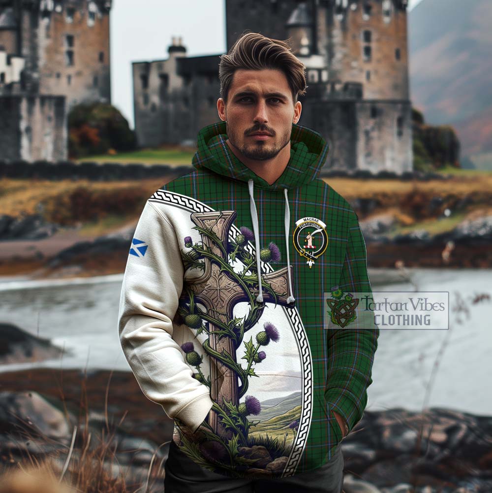 Tartan Vibes Clothing MacRae (McRae) Tartan Cotton Hoodie with Family Crest and St. Andrew's Cross Accented by Thistle Vines