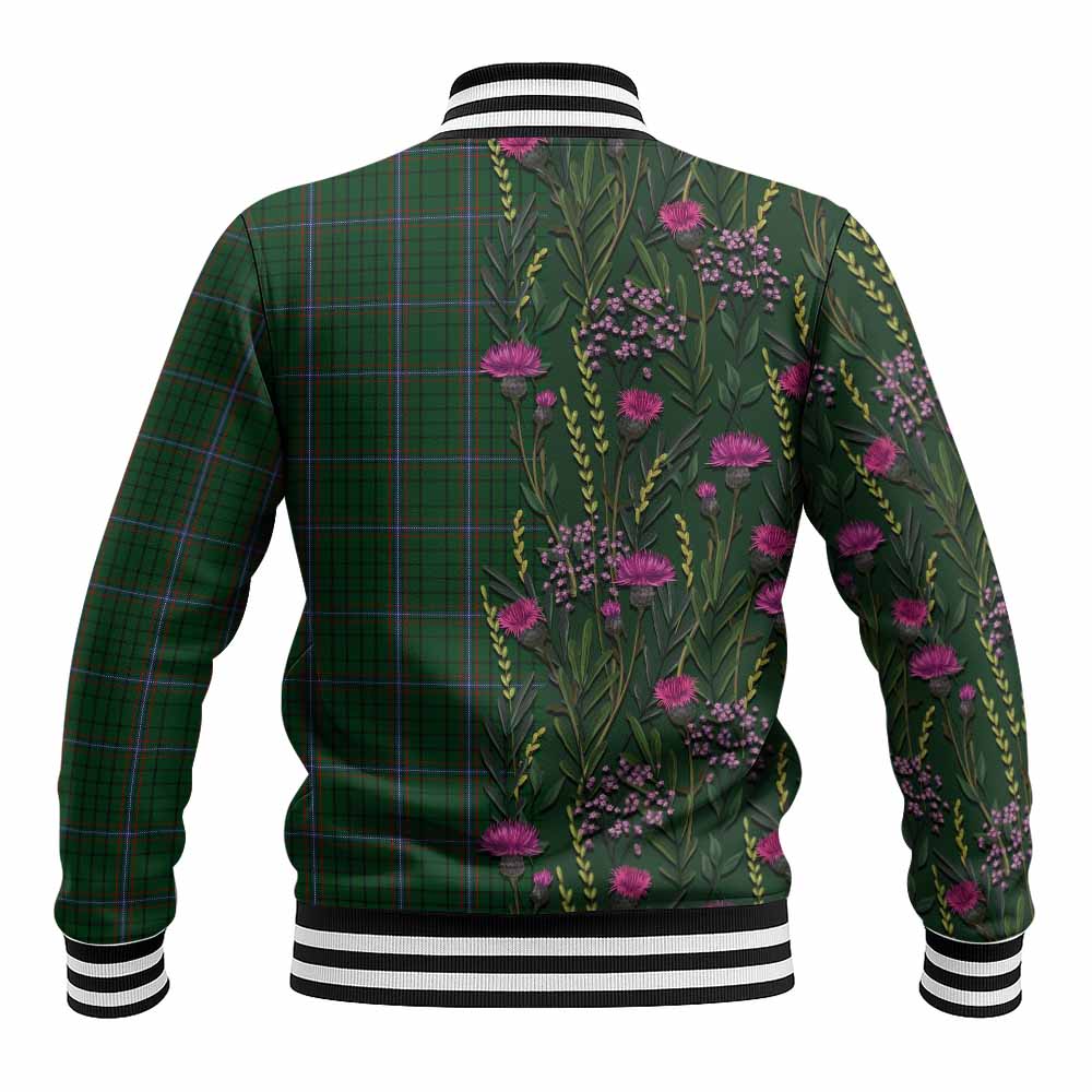 MacRae (McRae) Family Crest Tartan Baseball Jacket Scottish Thistle Flower Pattern Half Style - Tartan Vibes Clothing