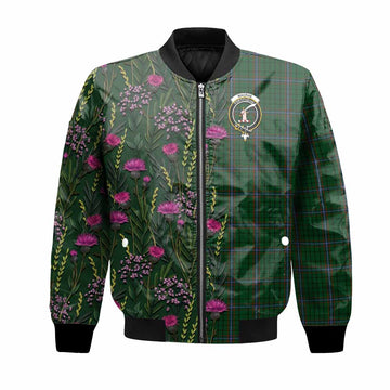 MacRae (McRae) Family Crest Tartan Bomber Jacket Scottish Thistle Flower Pattern Half Style